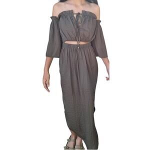 L'ATISTE Cutout Off Shoulder Short Sleeves 2 Side Slit Midi Dress Olive Green S